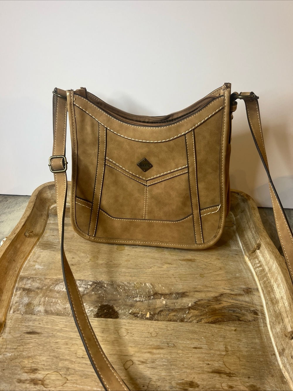 b·o·c Tan Crossbody Bag with White Topstitching